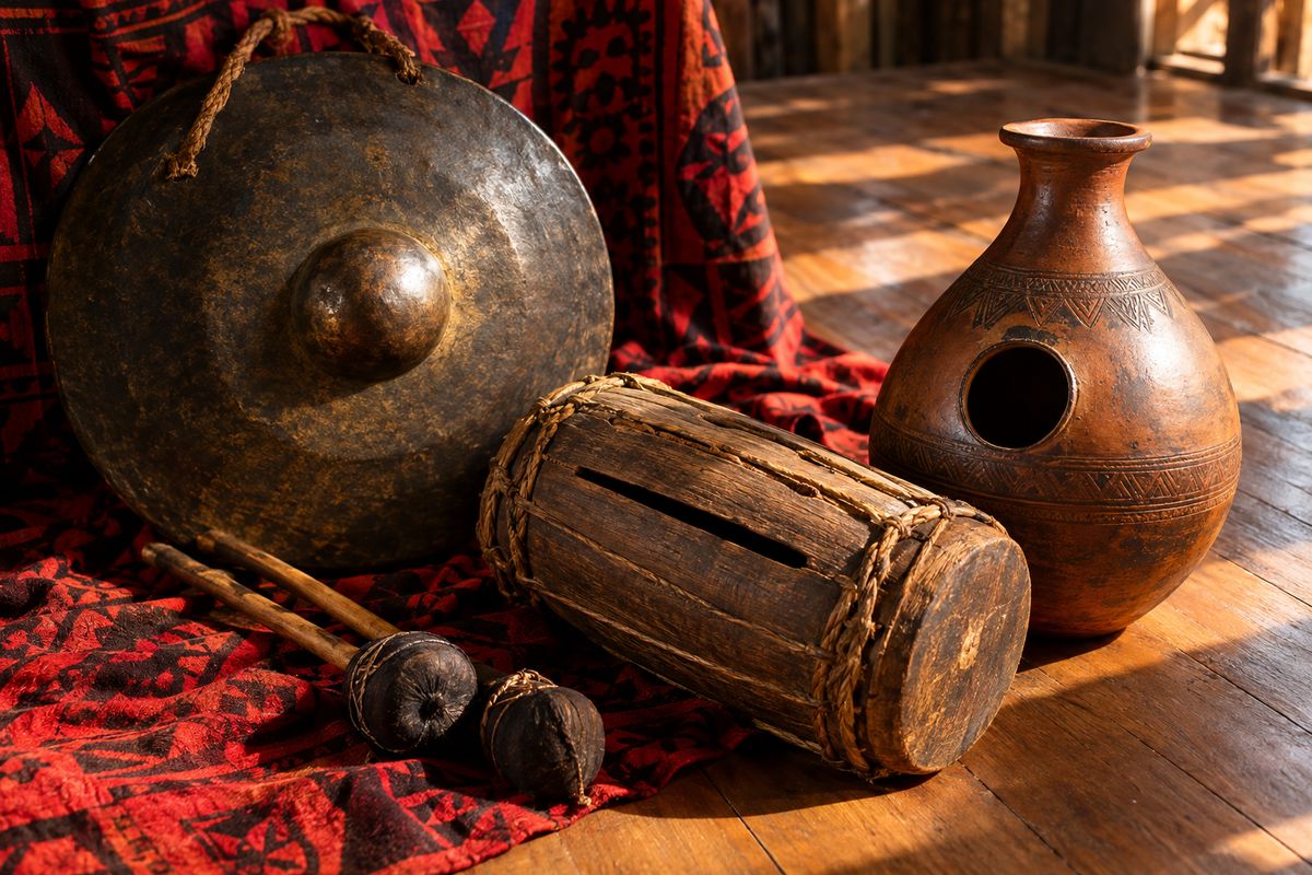 Traditional Igbo instruments: ogene gong, ekwe slit drum and udu clay pot drum