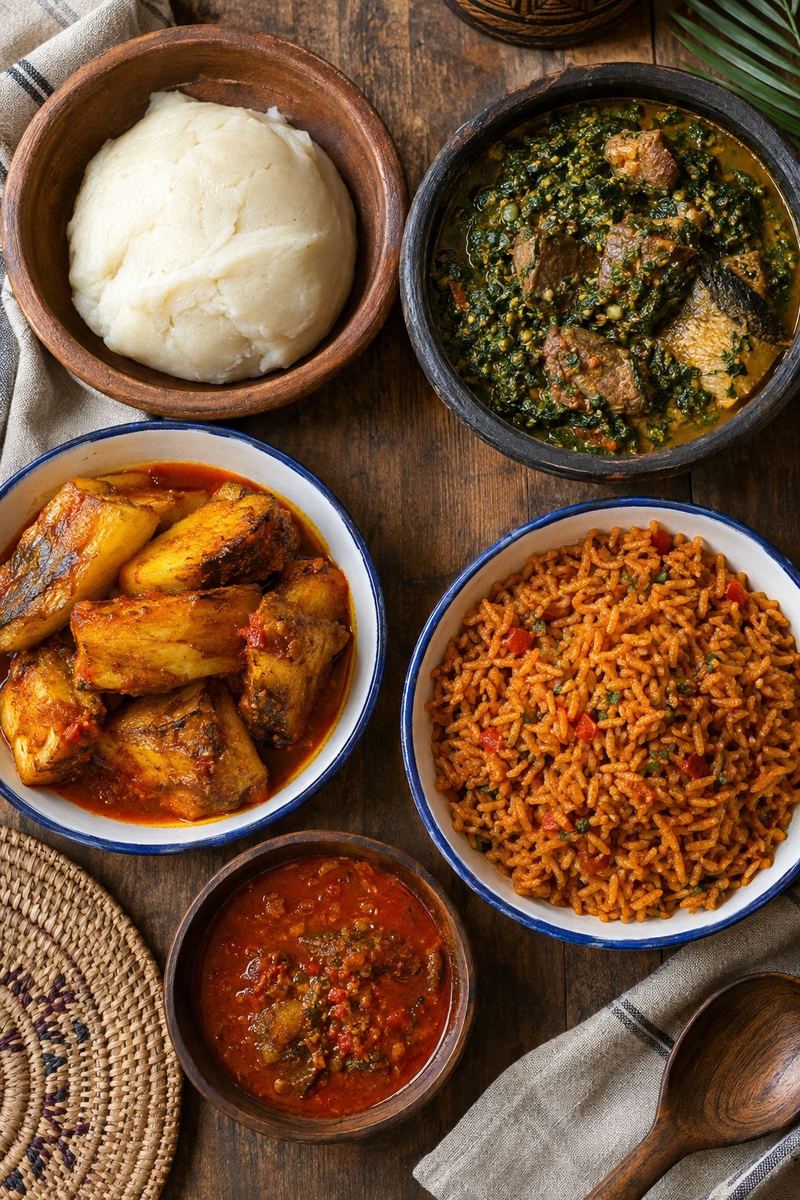 Igbo dishes including pounded yam, bitterleaf soup, roasted yam and jollof rice