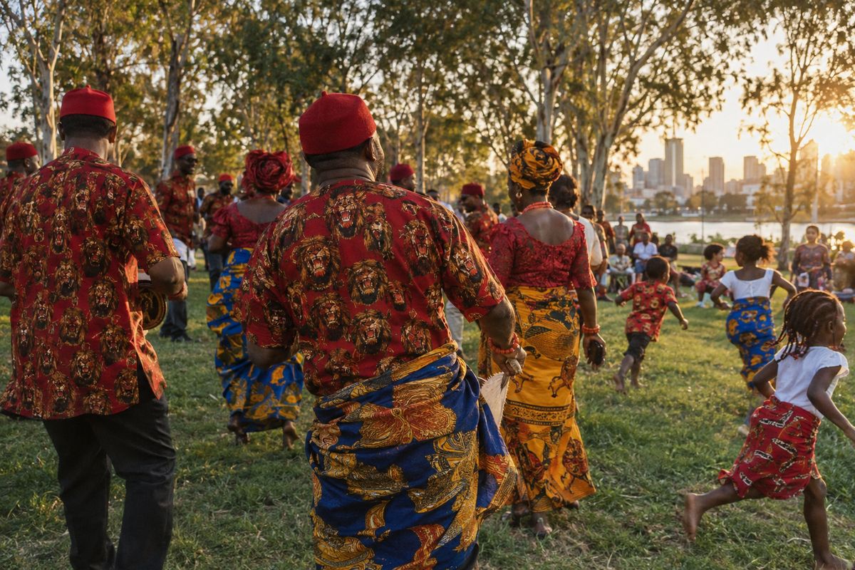 Community members in red isiagu tops and colourful wrappers dancing outdoors at golden hour