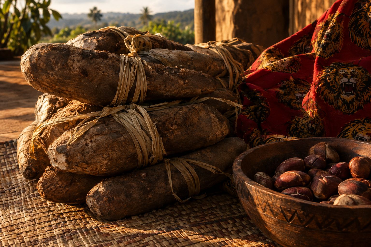 Freshly harvested yams tied with raffia beside a red isiagu cloth and a bowl of kola nuts